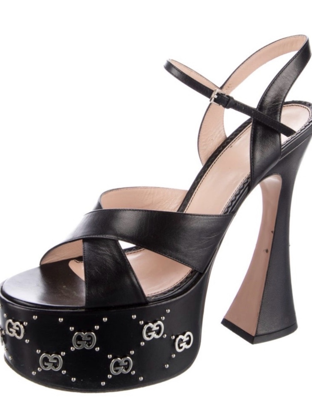 Gucci Black Leather Janaya GG shoe Platform Sandal with Silver Stud Accents 37.5
